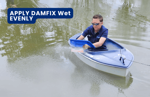 When your earth dam is leaking, apply DAMFIX Wet to the surface of the water to seal the leak